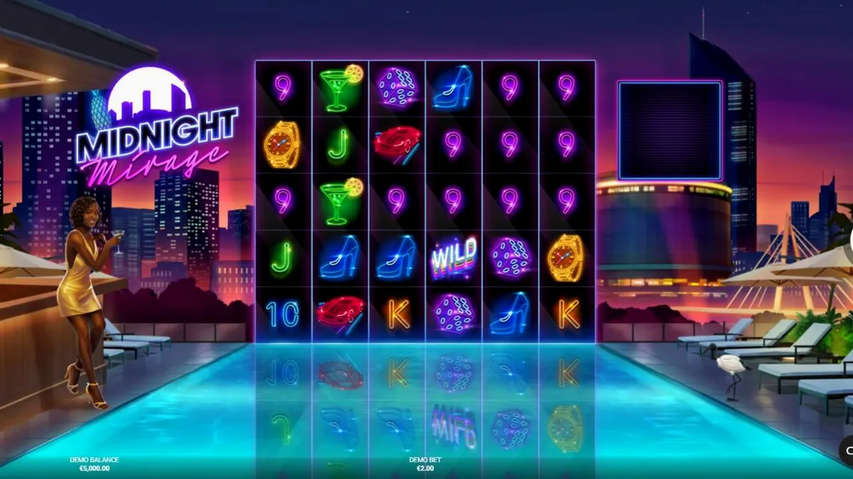 Midnight Mirage slot game neon rooftop party theme