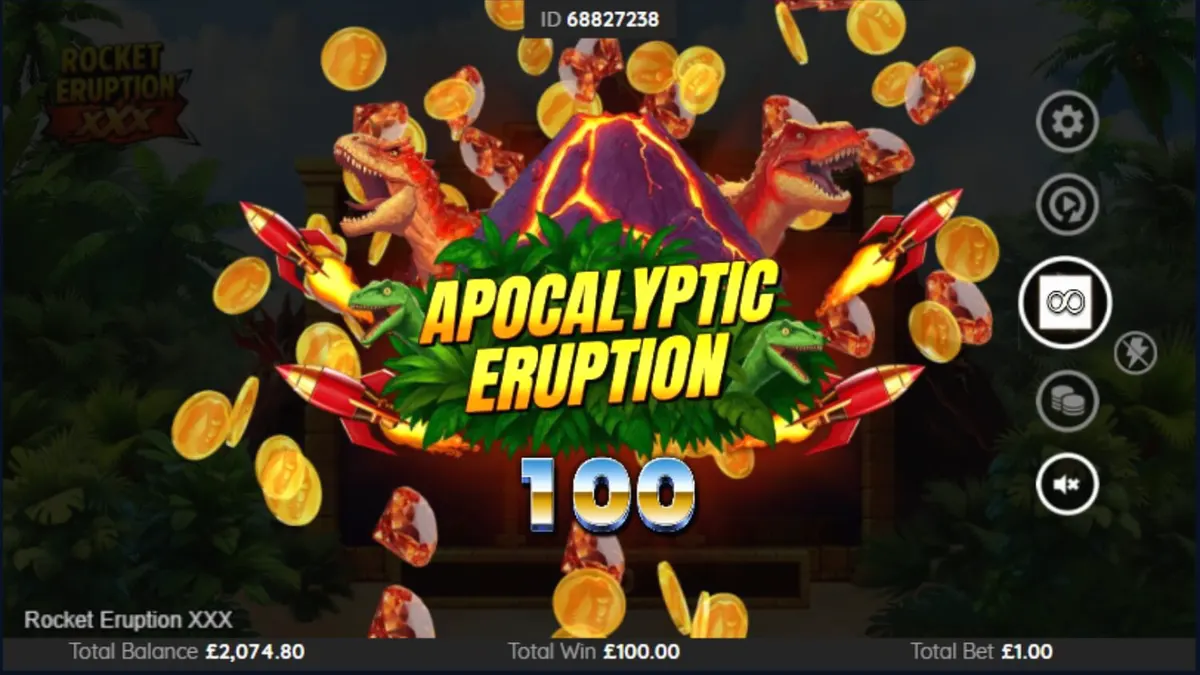Tampilan visual slot Rocket Eruption XXX dengan tema gunung berapi dan simbol klasik